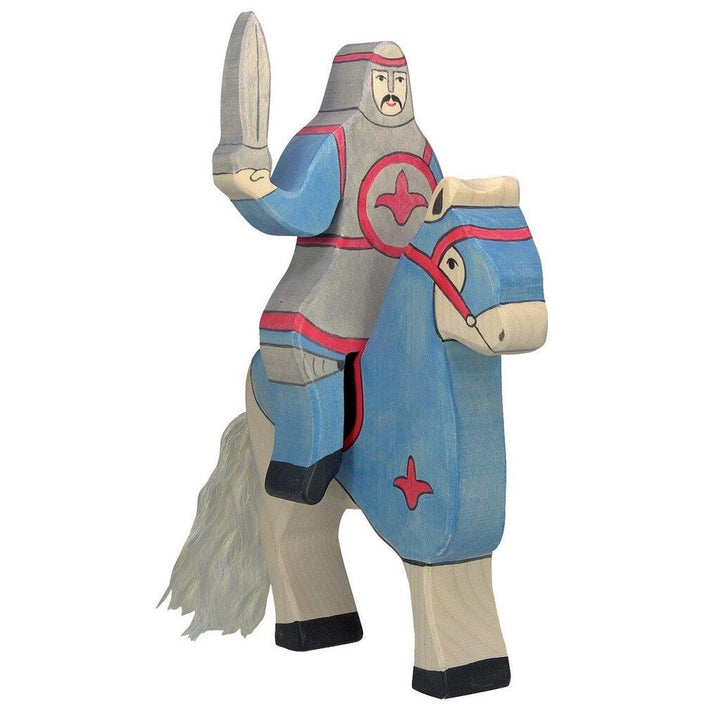 Holztiger blue knight with sword, riding atop tournament horse