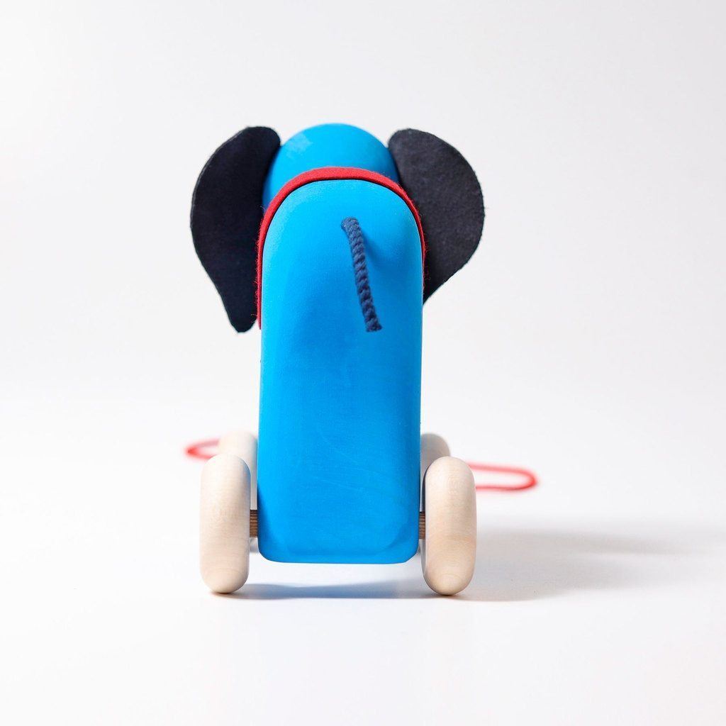large pull along elephant, blue