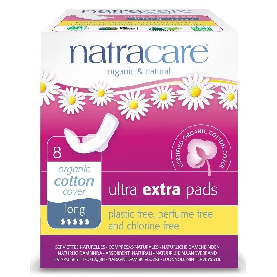 NatraCare Organic Cotton Ultra Extra Pads with Wings, Long 8 ct